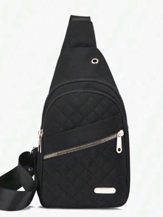 Handbags - Black Quilted Sling Bag with Gold Hardware